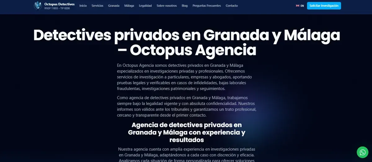 Portada de octopusdetectives.com: «Detectives privados en Granada y Málaga»